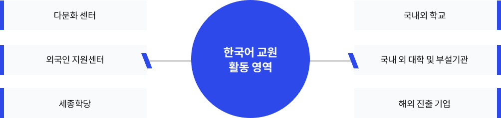 한국어 교원 활동 영역 - 다문화센터, 외국인 지원센터, 세종학당, 국내외 학교, 국내 외 대학 및 부설기관, 해외 진출 기업