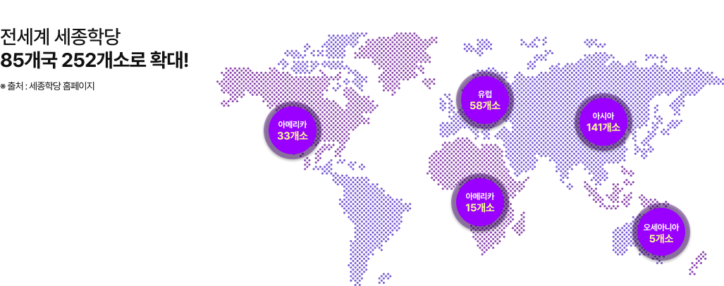 전세계 세종학당 85개국 252개소로 확대! 출처 : 세종학당 홈페이지